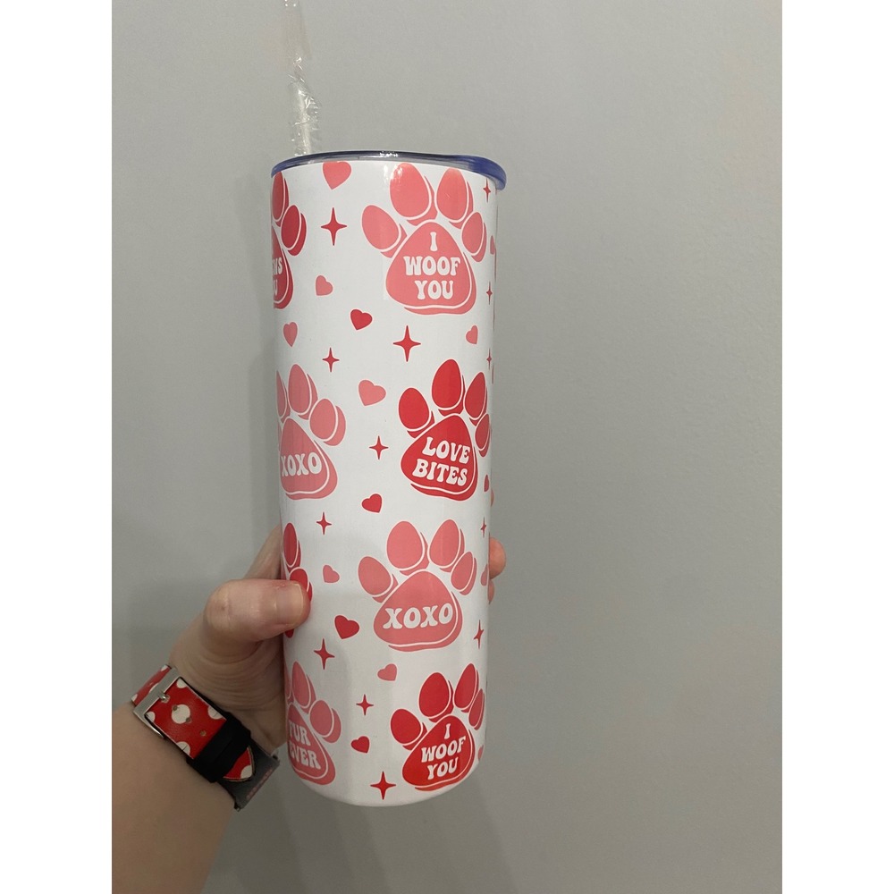 Tumbler Unisex OS White Red Paw Print I Woof You Love Bites Skinny Travel Mug - Picture 3 of 6